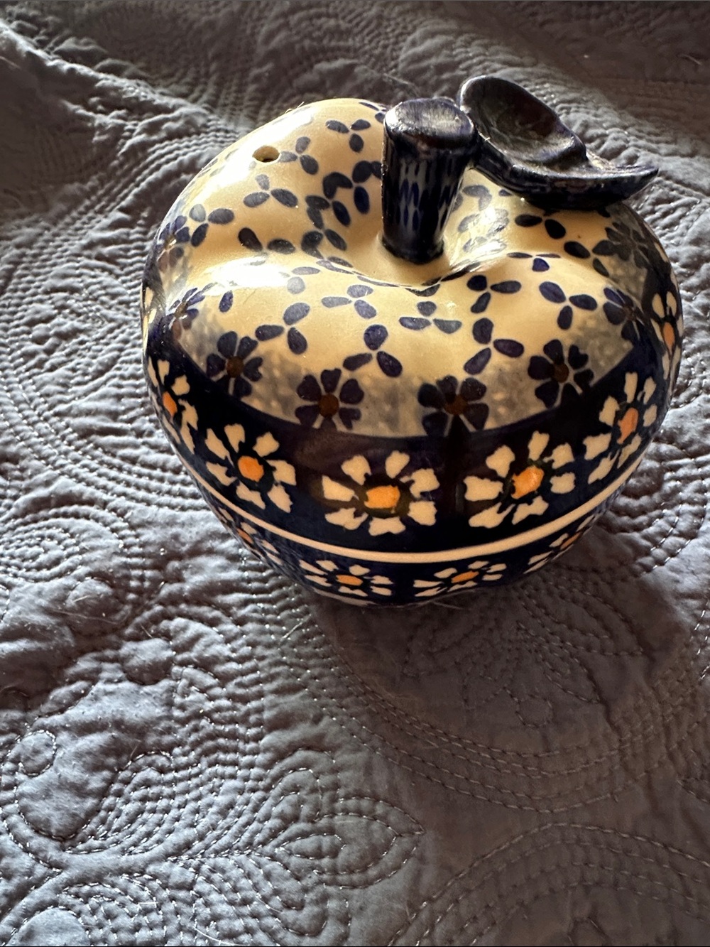 Hand-Painted Navy and Cream Floral Ceramic Apple Polish Pottery
